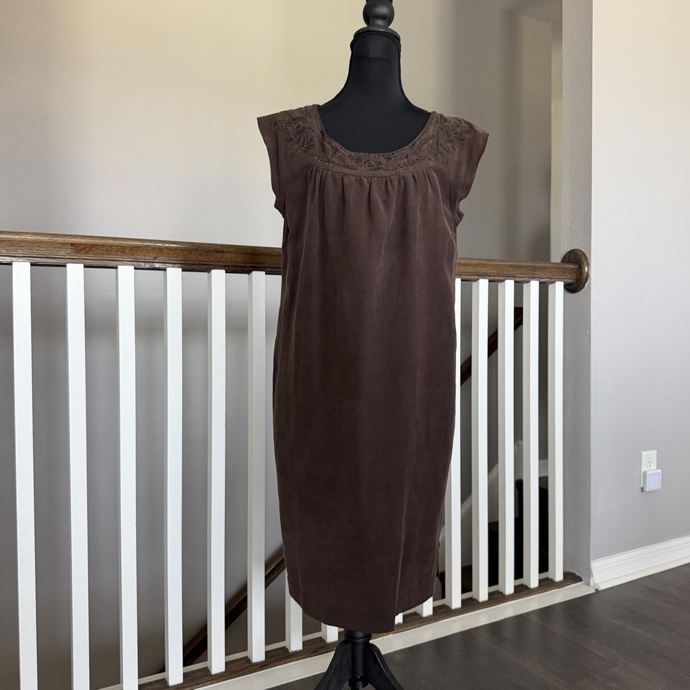 Jones New York Silk‎ Linen Embroidered Brown Dress 12 Quiet Luxury Lagenlook
